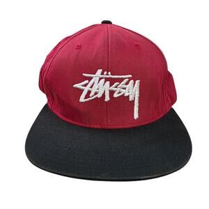 Vintage Stussy Capz SnapBack Hat Red Black Embroidered Two Tone Trucker Spellout